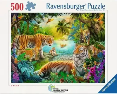 Tiger family in Oasis palapeli 500 palaa on Ravensburgerin vuoden 2025 uutuus, jossa tiikeriperhe käyskentelee viidakossa.