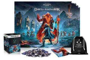 Assassin's Creed Valhalla Dawn of Ragnarok -palapeli 1000 palaa on pakattu upeaan kuution malliseen palapelilaatikkoon. Mukana tulee palapelin kuvasta pieni posteri ja palat on pakattu kangaspussiin.