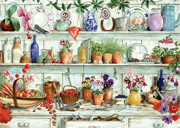 HOP Posies & Produce -palapeli 1000 palaa on brittiläisen House of Puzzles (HOP) valmistama. Puutarhavajan hyllyillä ja tasolla on kukkien ja yrttien lajitelmat.