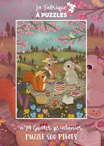 Goûter printanier -palapeli 500 palaa on ranskalaisen La Fabrique a Puzzles eläinaiheinen-palapeli. Orava ja kanit ovat kevätretkellä.