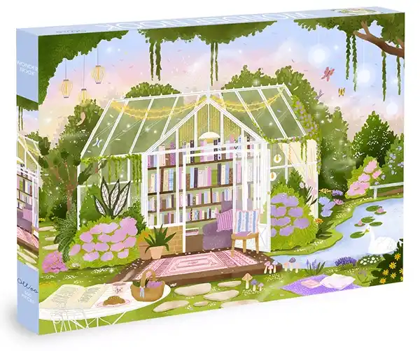 Olleo Wonder Nook -palapeli 500 palaa on Florine Le Richon kuva kasvihuoneesta, jonka eteen on aseteltu matto ja hyllyt on täynnä kirjoja.