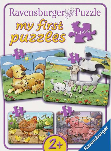 Farm Animal Families palapelit 2, 4, 6 ja 8 palaa on lasten ensipalapelejä, joissa koira pentuineen, lammas ja karitsa kana tipuineen ja possu pikkupossuineen.