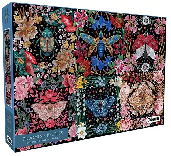 Gibsons Blooming Beetles palapeli 1000 palaa on brittiläisen Gibsonsin hyönteispalapeli. Koppakuoriaiset ja perhoset ovat kukkien joukossa kuin vanhassa tapetissa.