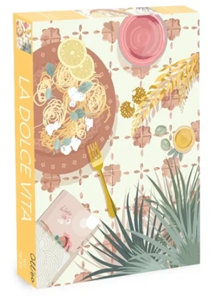 La Dolce Vita -palapeli 500 palaa toivottaa sinut tervetulleeksi italialaisen pastan äärelle, vierellä lasi viiniä. Kuvitus Mathilde Garcia