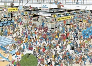 Jan van Haasteren Departure Hall -palapeli 1000 palaa on Haasterenin lentoasema-aiheinen palapeli.