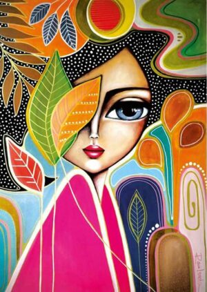 Magnolia Autumn Beauty palapeli 1000 palaa on Romi Lerdan kuva tytöstä, jolla kasvien lehdet samassa kuvassa.