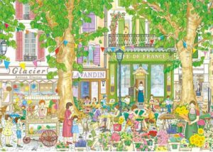 Magnolia Cafe de France palapeli 1000 palaa on Le Chat Coletten kuvittama kesäinen kuva ranskalaisesta kahvilasta. kahvila palapeli