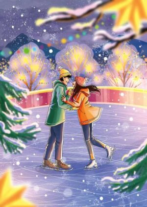 Magnolia Lovers palapeli 1000 palaa on Evgenia Lumfur'n kuvittama luisteluaiheinen palapeli. talvi- ja joulupalapeli