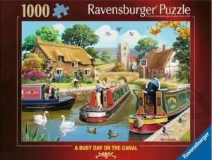 Busy Day on the Canal palapeli 1000 palaa on Ravensburgerin maalaismaisemapalapeli. Kuvitus Kevin Walsh
