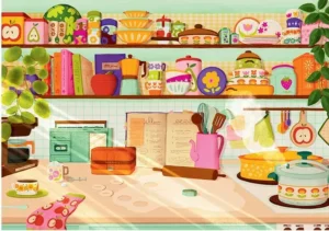 Retro Kitchen palapeli 1000 palaa on Heol Editions'n keittiöaiheinen palapeli. Kuvitus Chlo’Hey