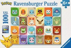 Pokemon Faces palapeli 100 palaa on Ravensburgerin lasten palapeli. Pokemon-hahmot Bulbasaur, Charmander, Squirtle, Litten, Rowlet, Popplio, Sobble, Grookey, Scorbunny, Eevee, Glaceon, Leafon, Fuecoco, Sprigatito.
