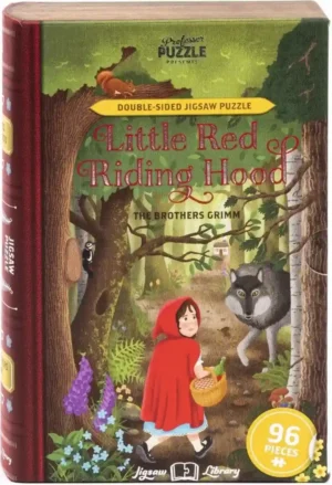 Little Red Riding Hood palapeli 96 palaa on Professor Puzzlen palapeli, joka on pakattu kirjan malliseen rasiaan. Kirjapalapeli Punahilkka