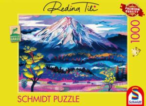 The calm of the mountain palapeli 1000 palaa on Redina Tilin kuvittama värikäs vuoripalapeli.