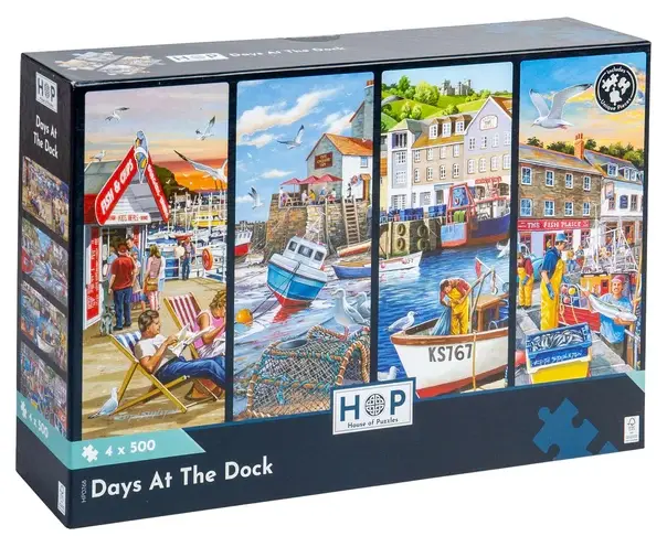 Days at the Dock palapelit 4x500 palaa on House of Puzzles (HOP) valmistama neljän satama-aiheisen palapelien setti.