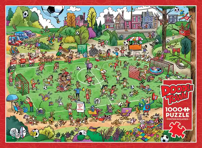 Doodle Town Offside Antics palapeli 1000 palaa on Cobble Hillin huumorintäytteinen jalkapalloaiheinen palapeli. Cobble Hill palapeli