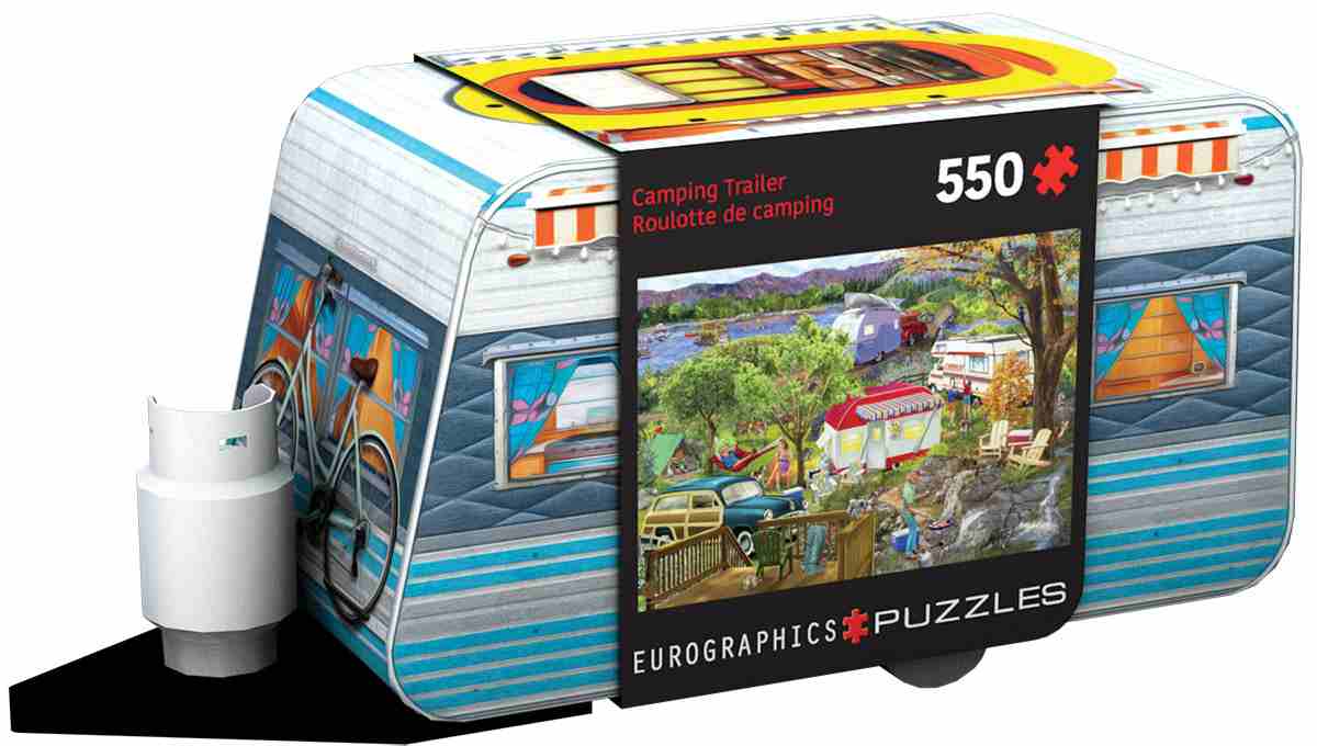 Camping Trailer palapeli peltirasiassa on Eurographicsin 550 palan palapeli, joka on pakattu vanhan asuntovaunun malliseen peltirasiaan.