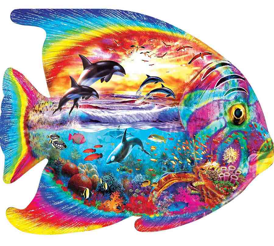 Tropical Menagerie palapeli 1000 palaa on kalan mallinen muotopalapeli. jonka on kuvittanut Adrian Chesterm.