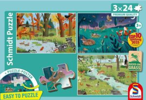 Forest and meadow animals lasten palapelit 3x24 palaa sisältää kolme palapeliä, joissa kussakin Lucy Barnardin kuvittamia villieläimiä.