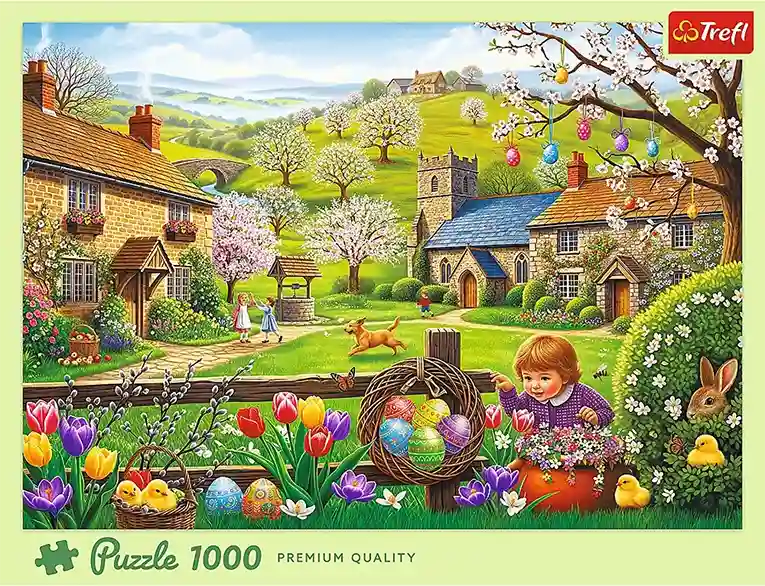 Easter Egg Hunt palapeli vie keskelle värikästä kevätpäivää: lapset etsivät pääsiäismunia, kevätaiheinen pääsiäi palapeli