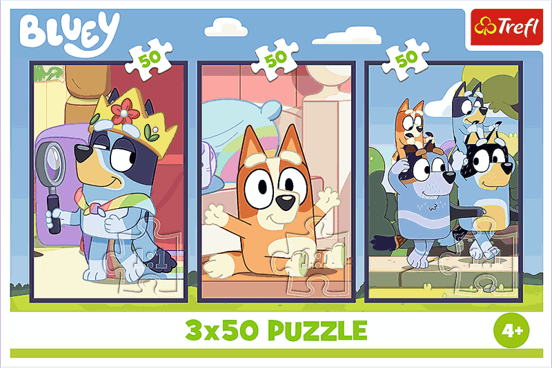 Trefl Bluey – Blueyn perhe on iloinen palapelisetti, joka sisältää kolme erillistä 50 palan palapeliä samassa pakkauksessa. lasten palapelit